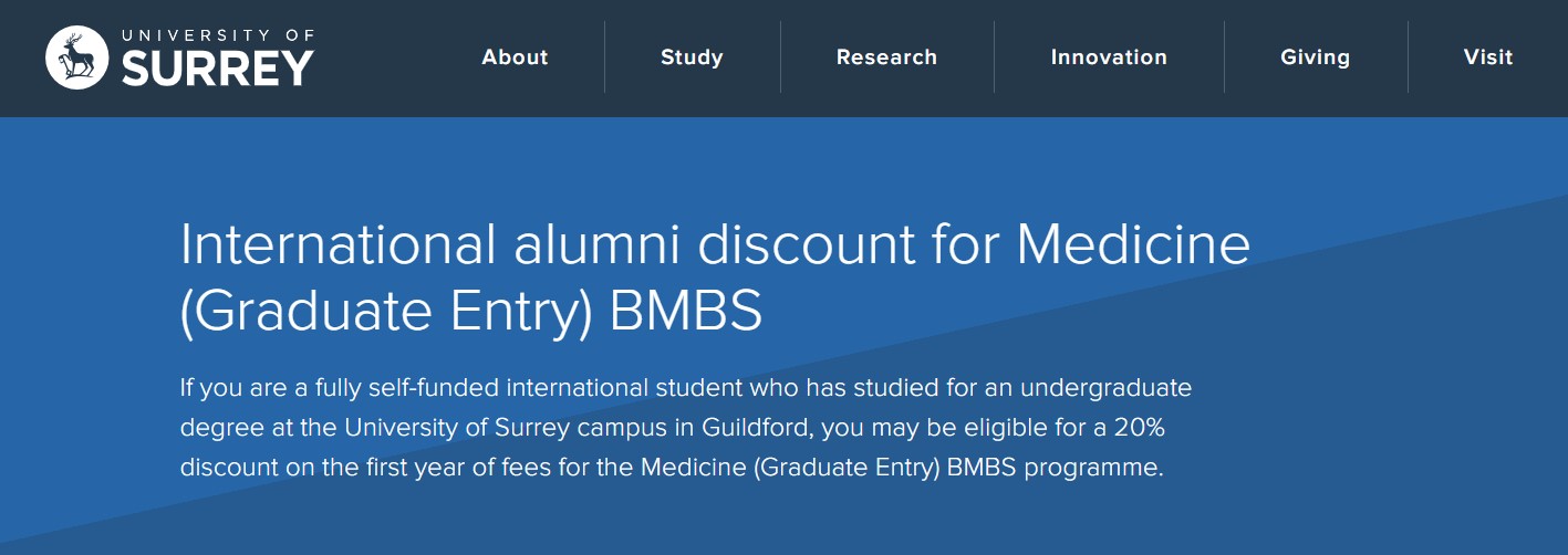International Alumni Discount for Medicine (Graduate Entry) BMBS 2026 at University of Surrey