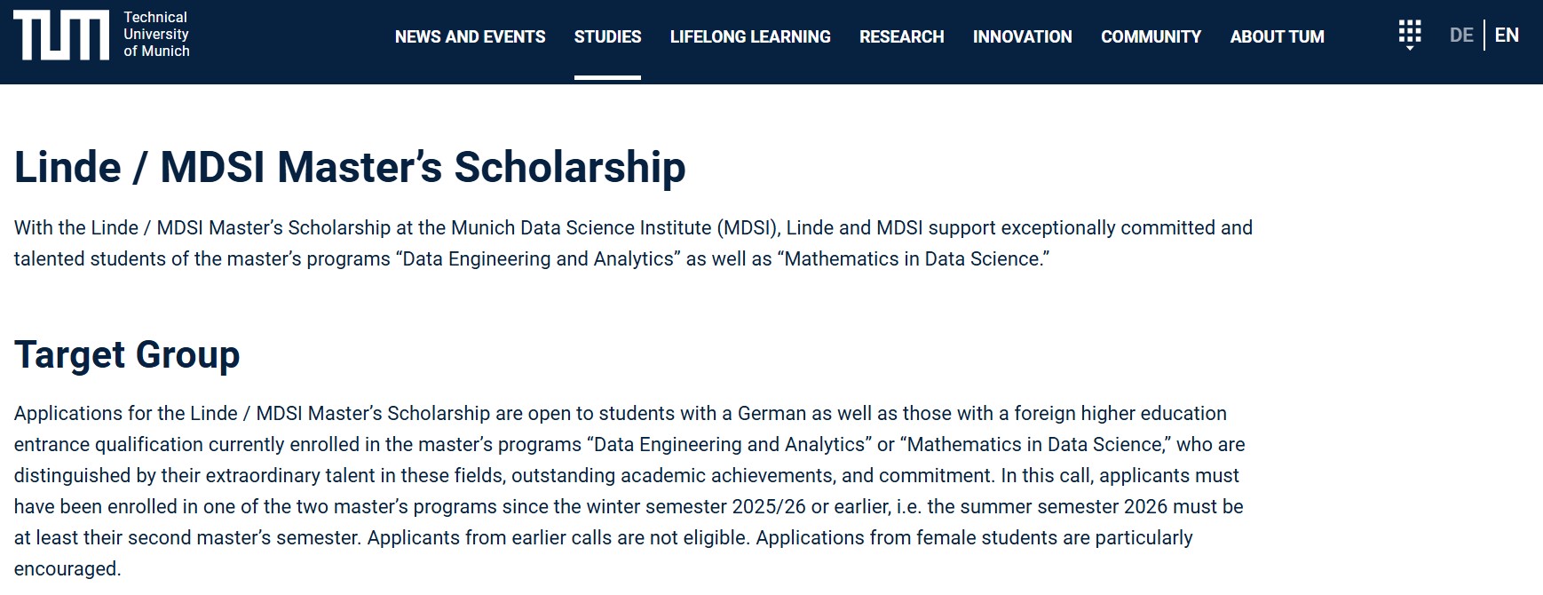 Linde / MDSI Master’s Scholarship 2026