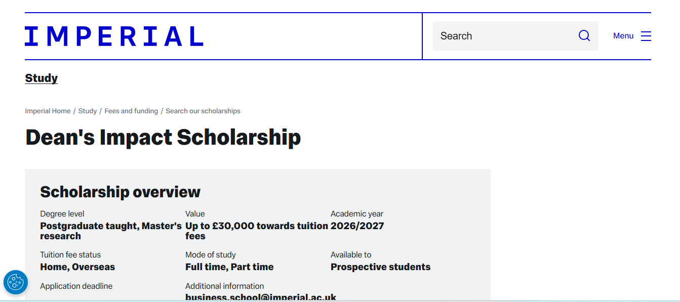 Imperial College London Dean’s Impact Scholarship 2026/2027 in the United Kingdom Imperial College London Dean’s Impact Scholarship