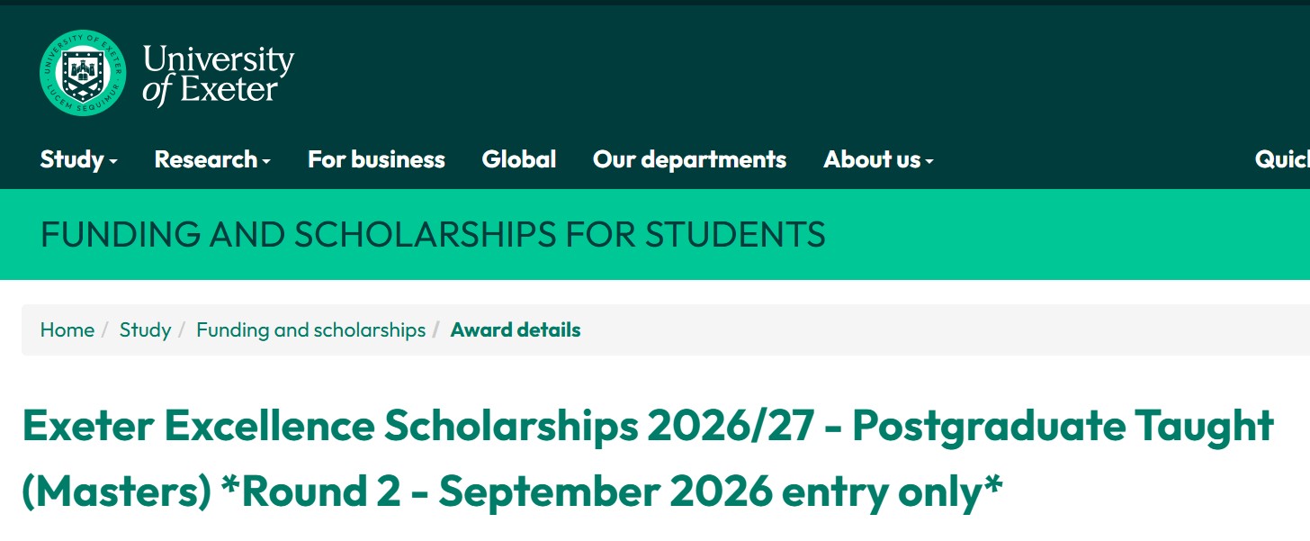 University of Exeter Excellence Master Scholarship 2026
