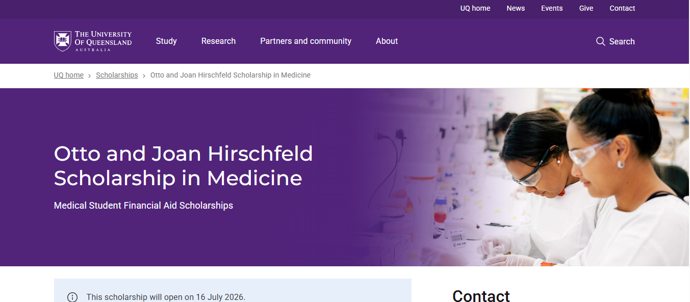 Otto and Joan Hirschfeld Scholarship in Medicine 2026 in Australia Otto and Joan Hirschfeld Scholarship