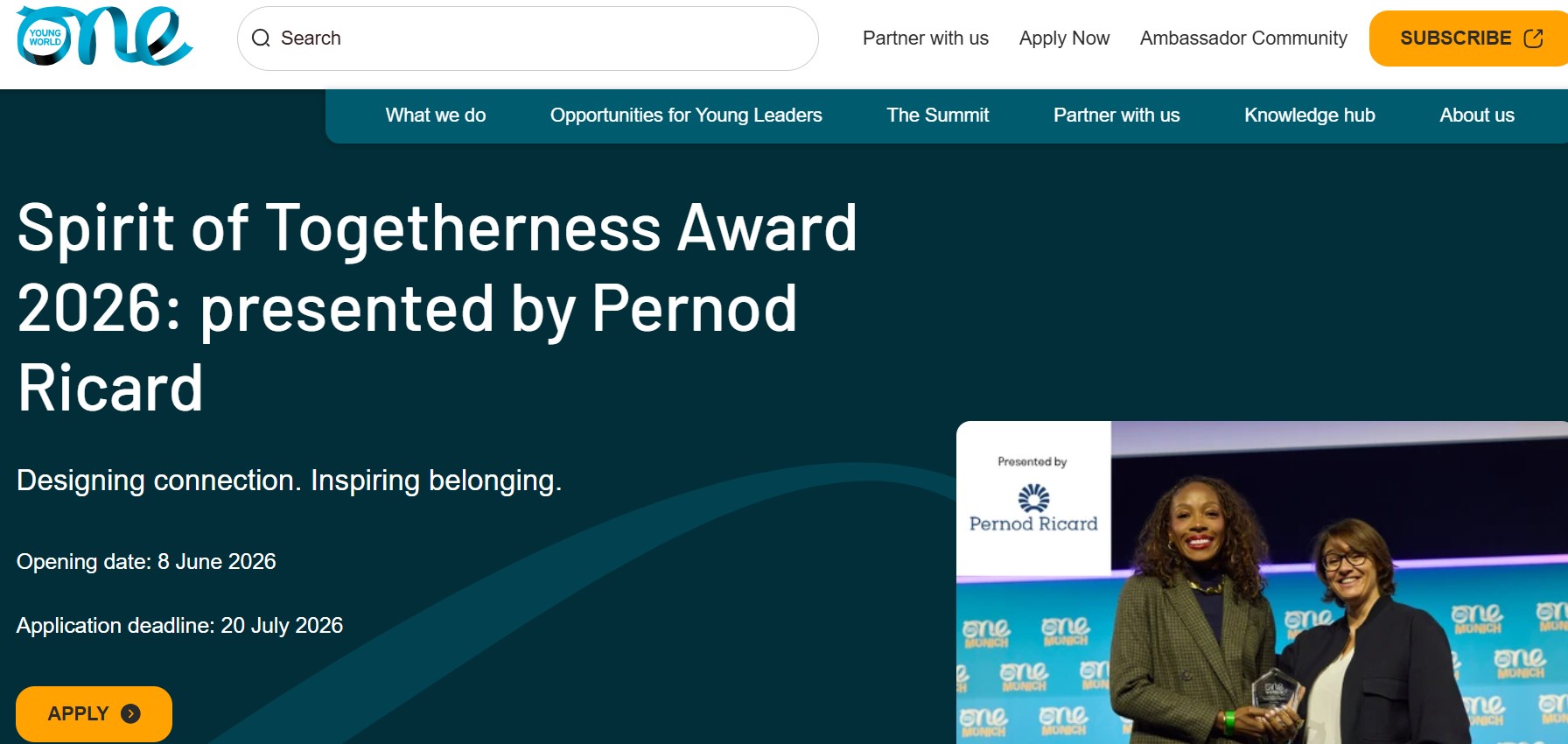 Spirit of Togetherness Award 2026 by Pernod Ricard: €8,000 Grant + Fully Funded Trip to South Africa Spirit of Togetherness Award 2026 by Pernod Ricard