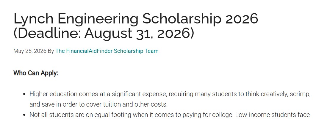 Lynch Engineering Scholarship 2026