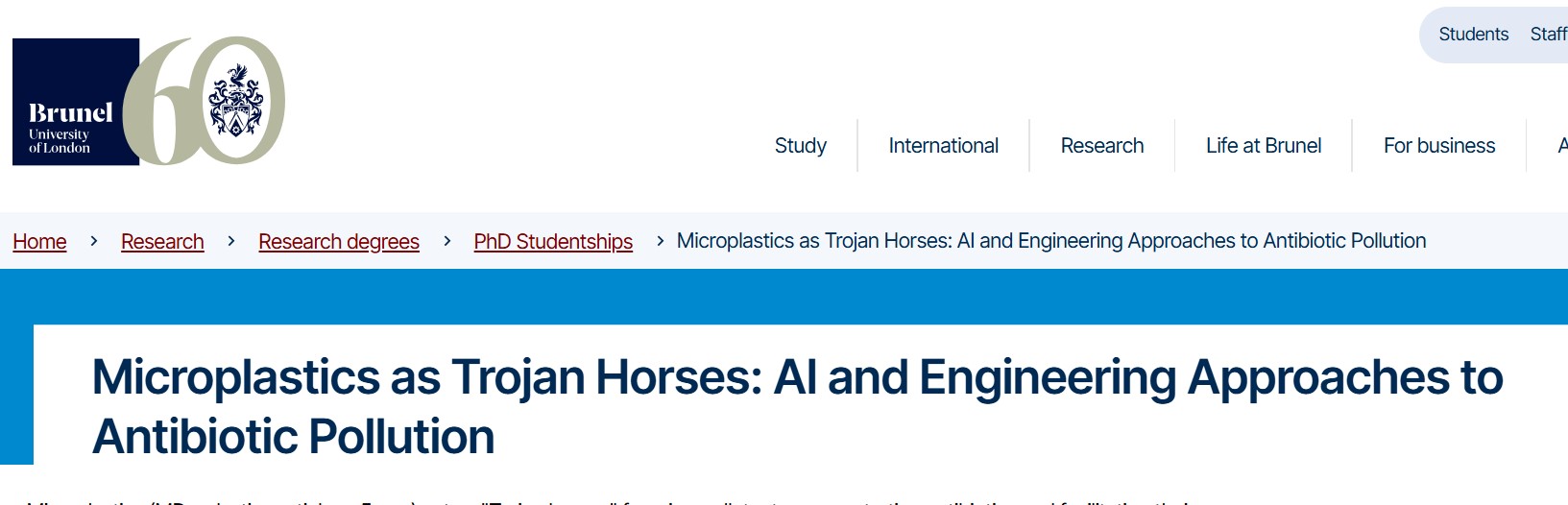 Microplastics as Trojan Horses AI & Engineering PhD Studentship 2026