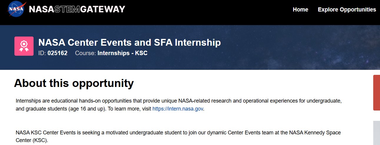 NASA Kennedy Space Center Internship 2027