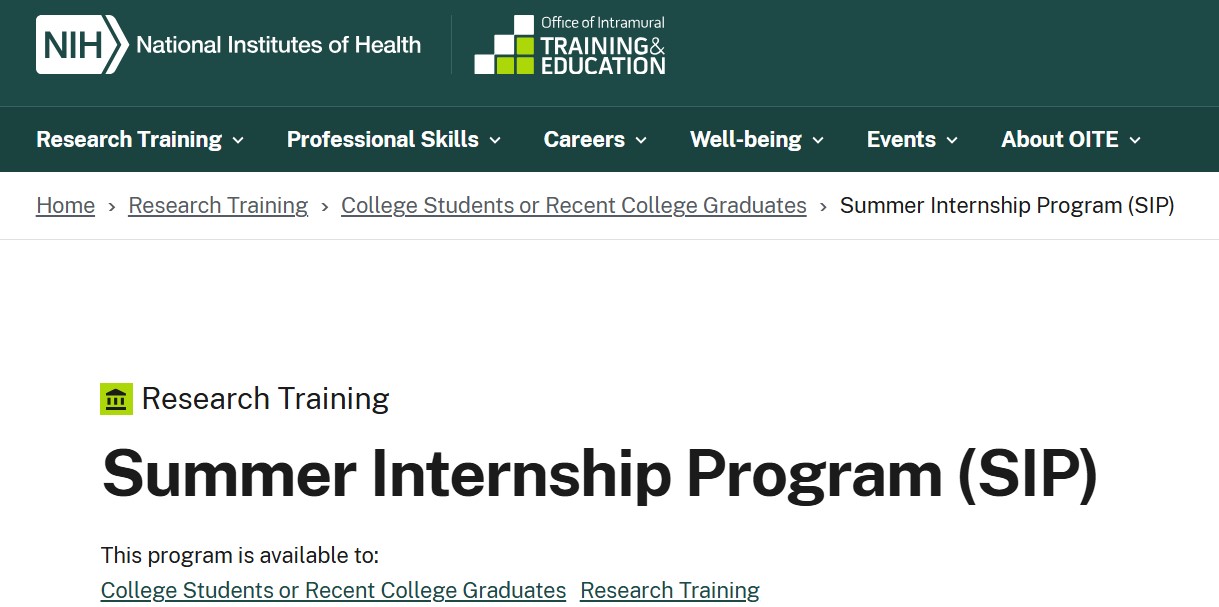 NIH Summer Internship Program (SIP) 2027