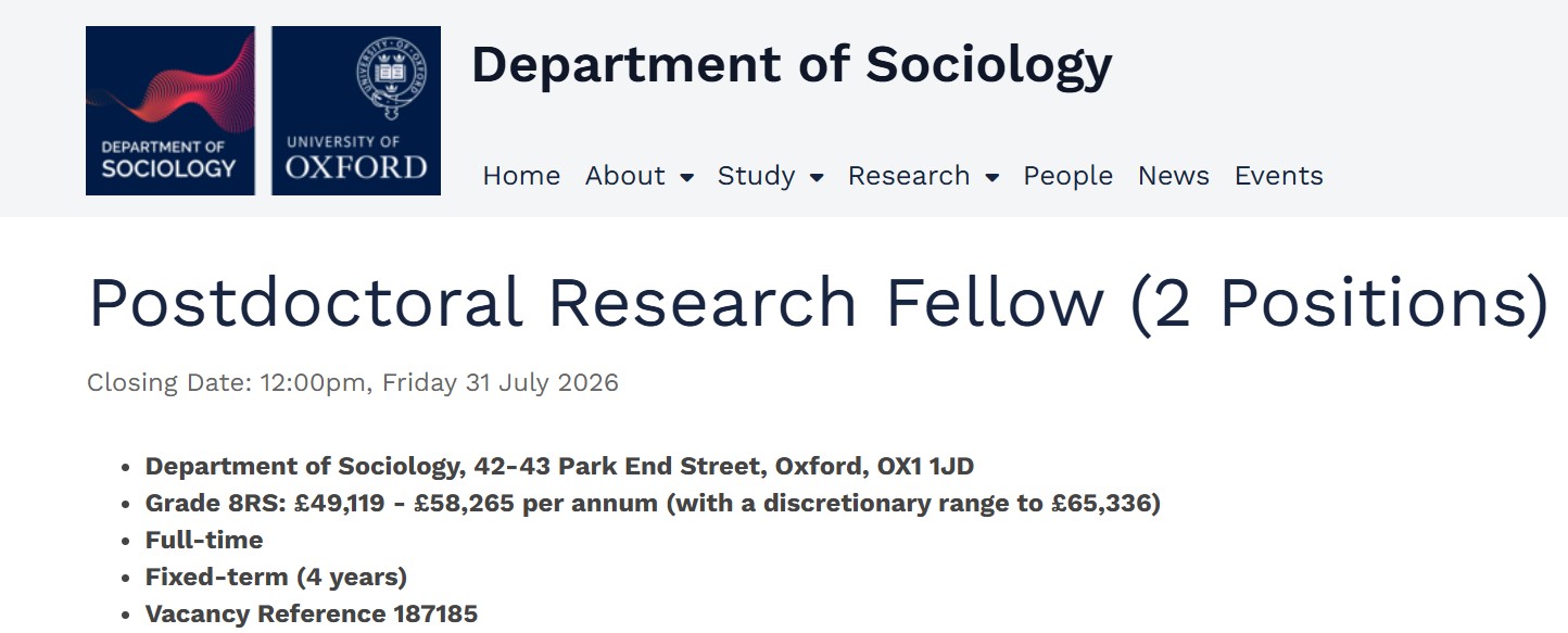 University of Oxford Postdoctoral Research Fellowships in Sociology 2026