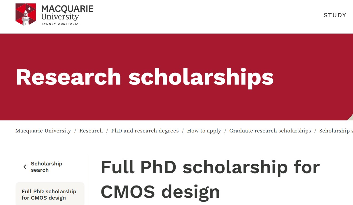 Full PhD Scholarship for CMOS Design at Macquarie University 2027 Full PhD Scholarship for CMOS Design at Macquarie University 2027