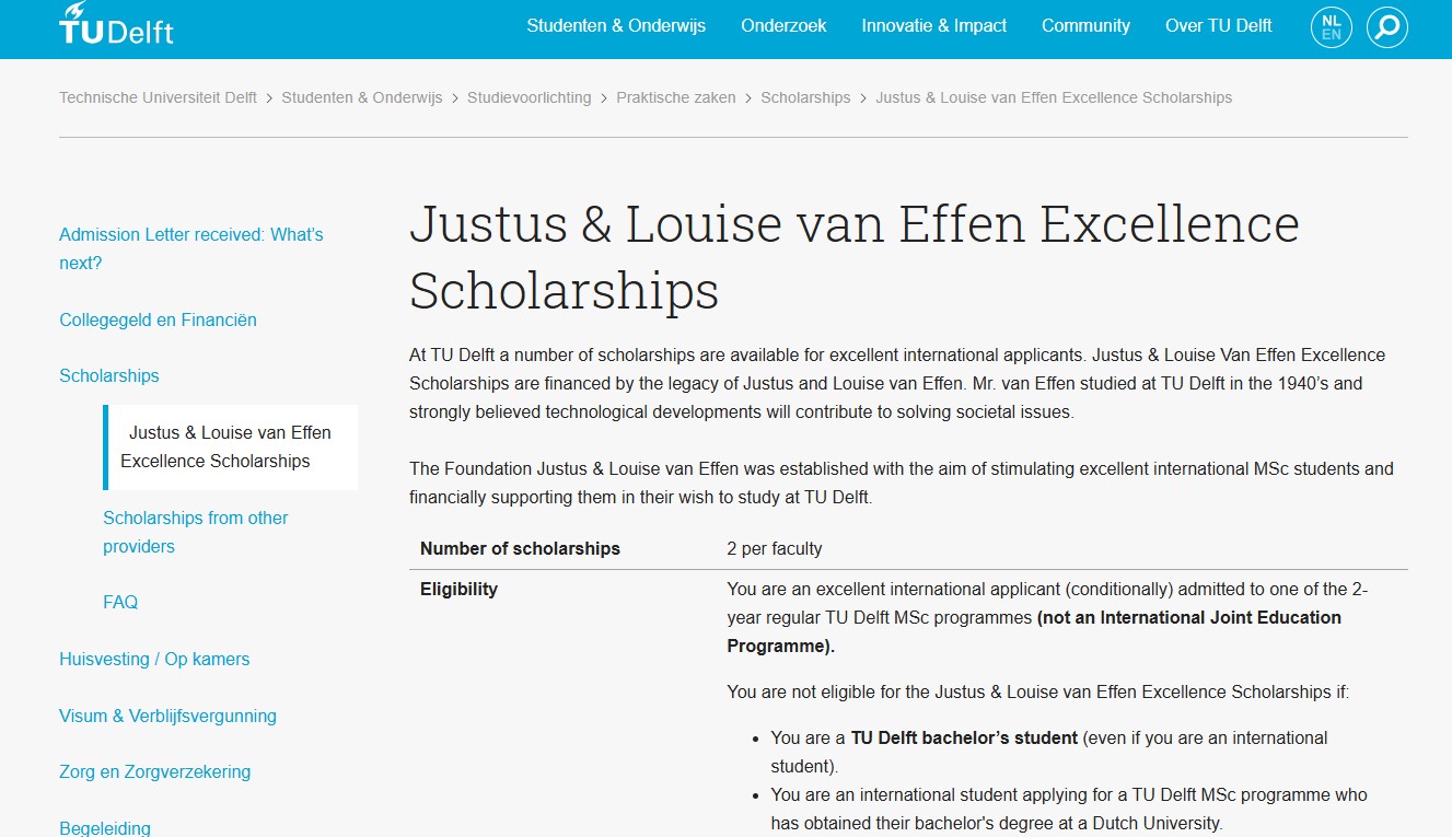 Justus & Louise van Effen Excellence Scholarships At TU Delft