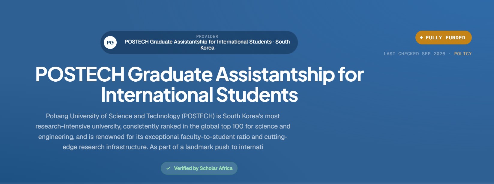 POSTECH Graduate Assistantship for International Students 2026