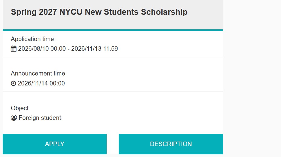 Spring 2027 NYCU New Students Scholarship