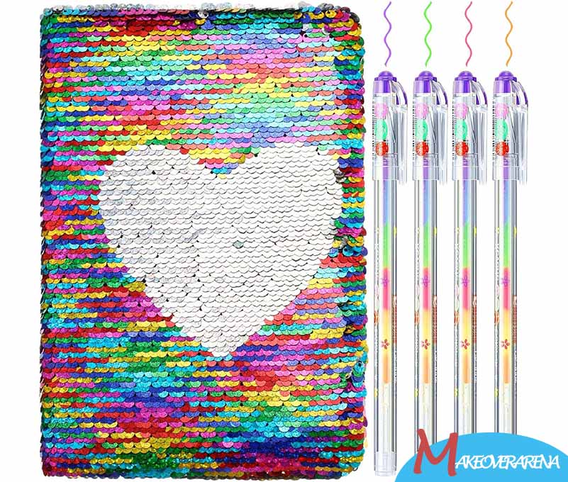 Outus Valentine's Day Sequin Notebook Set with 4 Pieces Color Gel Ink Pens