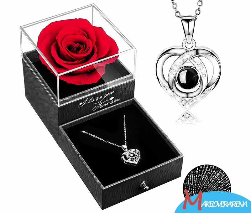 TRAALL Valentine's Day Gifts for Her Preserved Red Real Rose with I Love You Necklace